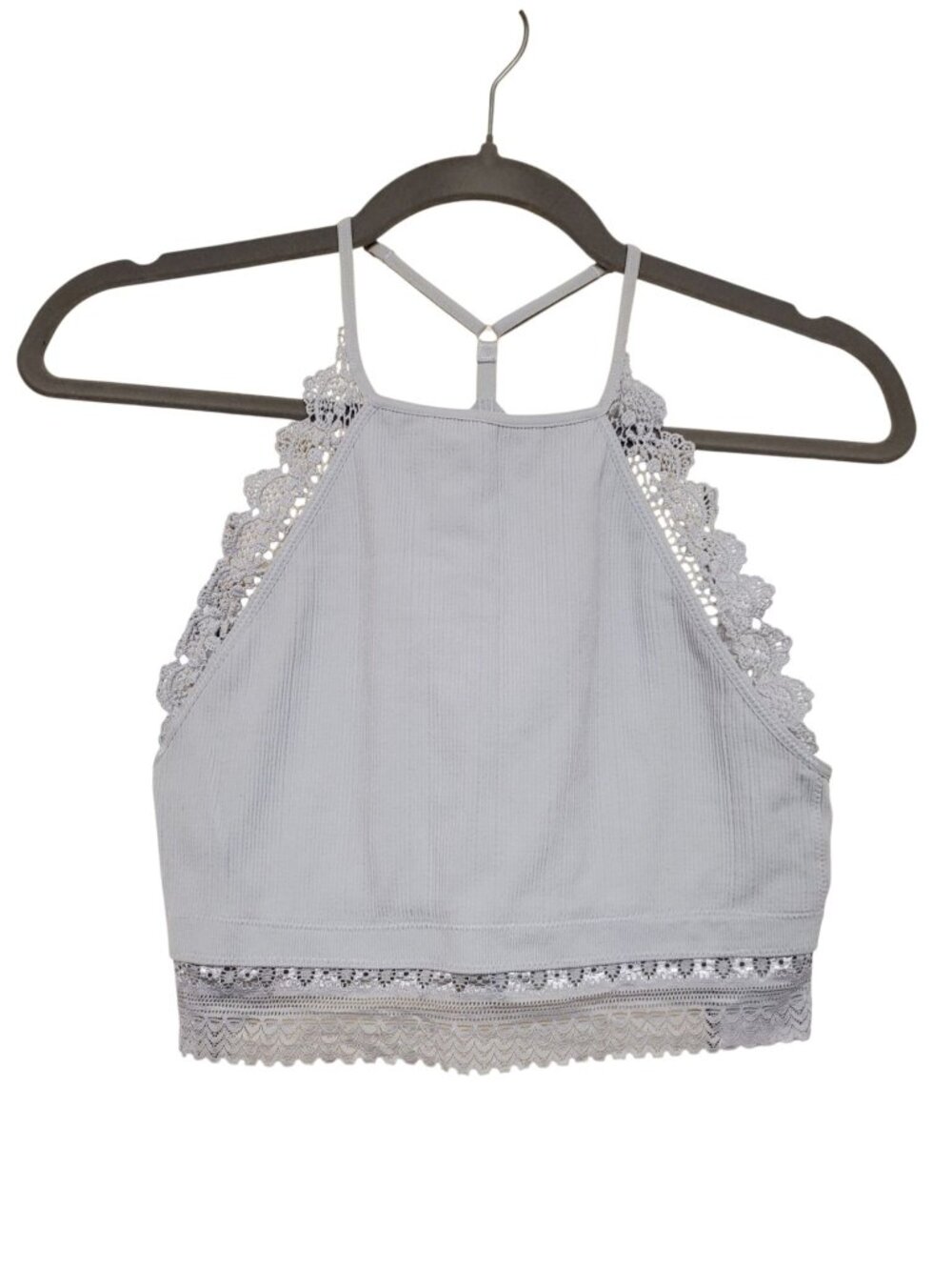 Fornia Womens Light Gray High Neck Scalloped Lace Trim Strappy Back Bralette M/L